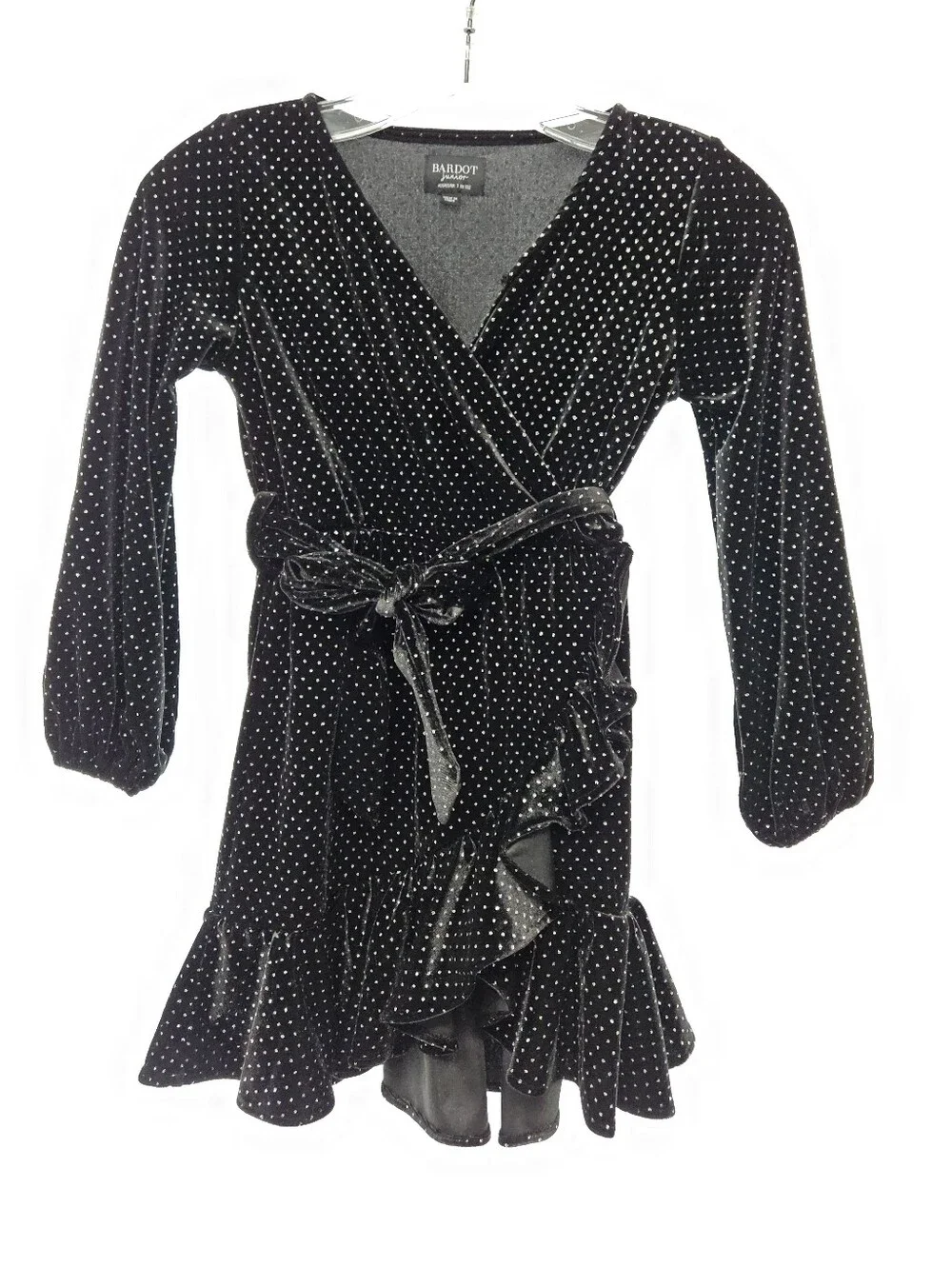 Bardot Junior Black Velvet Silver Polka Dot Faux Ruffle Wrap Dress Sz Child 7